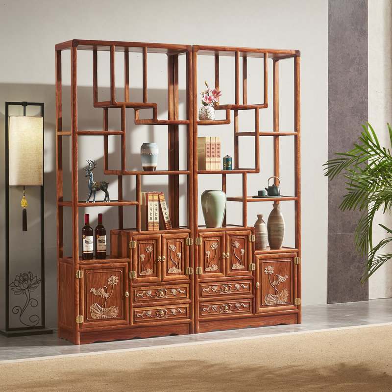 刺猬紫檀新中式博古架红木陈列架多层书柜书架展示架多宝阁荷花