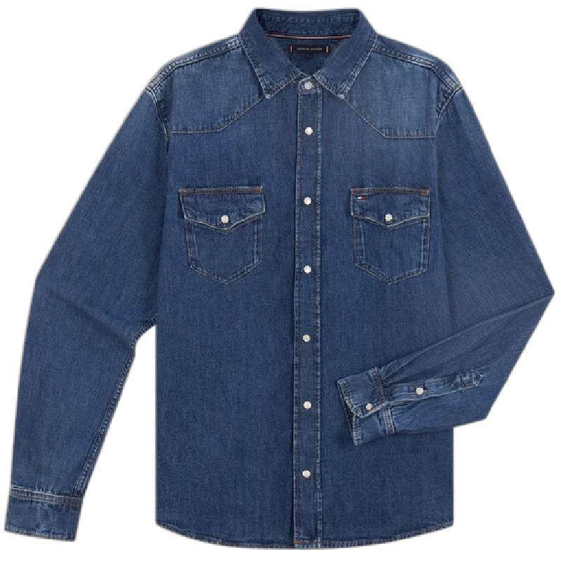 Tommy秋冬男女同款纯棉水洗休闲简约贴袋翻领牛仔衬衫衬衣外套