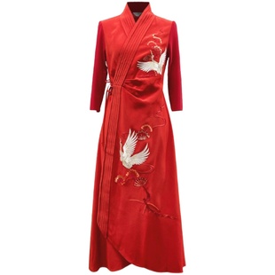 浒城古娘新款仙鹤刺绣醋酸系带优雅气质长款新中式国风连衣裙女夏