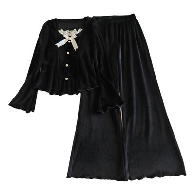 海岛绒睡衣女春秋冬带胸垫两件套