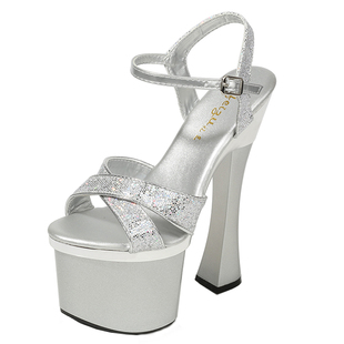 恨天高高跟鞋粗跟防水台凉鞋模特走台走秀鞋18cm女厚底水晶鞋亮片