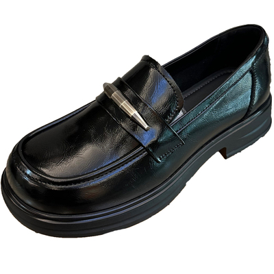 粗跟乐福鞋小皮鞋一脚蹬亮面真皮