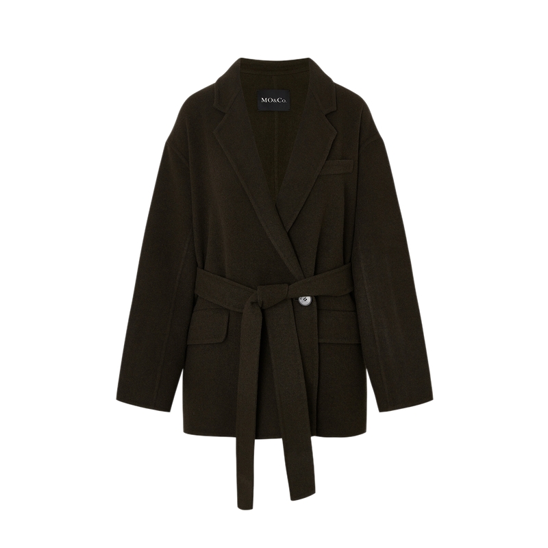 MOCO毛呢外套美丽诺绵羊毛中长款宽松西装平驳领外套附腰带摩安珂