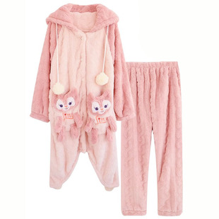 浪莎珊瑚绒睡衣女秋冬季长袖甜美卡通连体睡袍厚款毛绒韩范家居服