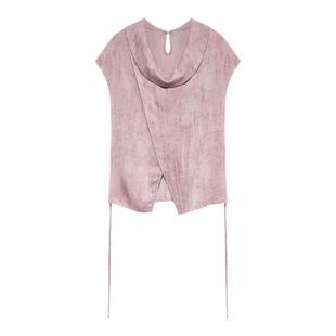 贰羊设计【文澜】高级感荡领天丝棉麻衬衫女粉色短袖收腰绑带上衣