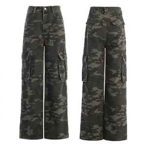 美式复古辣妹迷彩微喇工装裤女春季2026新款军绿色高腰显瘦登山裤