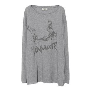 UN MUTE25秋新品 桑蚕丝棉混纺斜体兔子印花设计落肩宽松长袖Tee