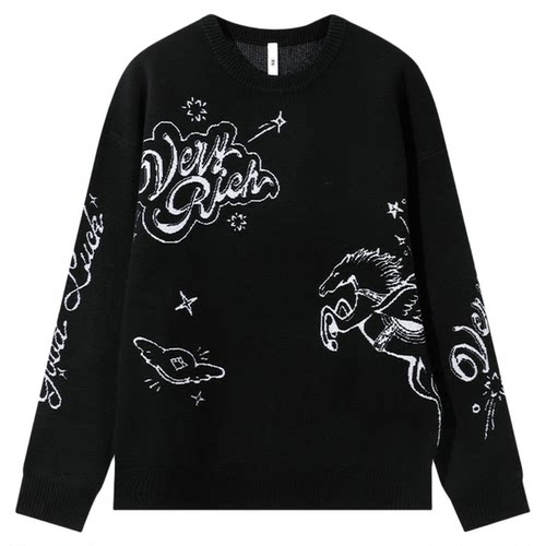 乔丹黑色针织衫男运动毛衣马年秋冬新款圆领费尔岛圣诞风内搭线衫