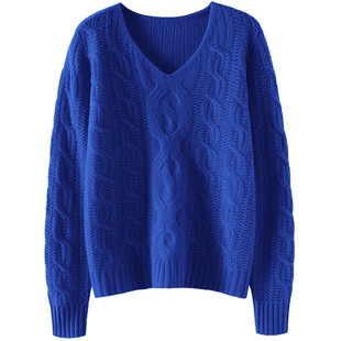 好看太赞了~V领绞花100%纯山羊绒衫女士宽松慵懒风纯羊绒毛衣秋冬