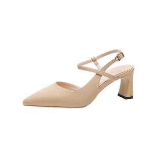 羊皮版dingyun丁允高跟鞋尖头粗跟单鞋气质包头凉鞋一字带旗袍鞋