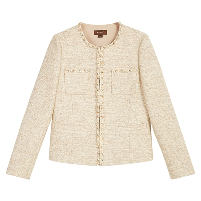 YINER音儿专选女装法式小香风提花肌理后开叉亮丝粗花呢短外套女