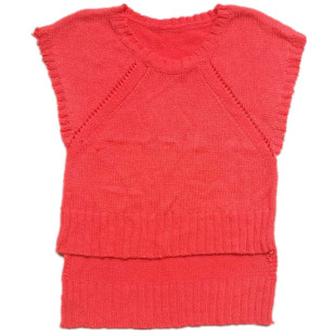 瑕疵女春秋针织毛衣冬季套头毛线马甲背心无袖保暖圆领荧光橘粉色