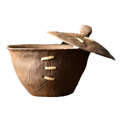 陶迷手捏盖碗仿锔钉茶具