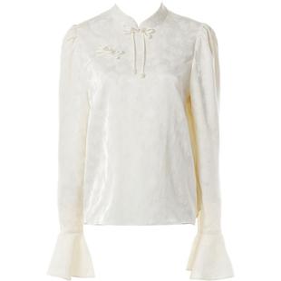 DPLAY2025年秋季新中式白色衬衫立领缎面衬衣国风长袖女士上衣女