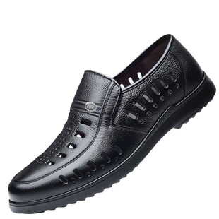 2026年夏季新品软底透气孔休闲凉皮鞋全黑色软皮面凉鞋洞洞男鞋子