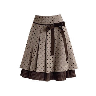Classy girl 波点半裙秋冬毛呢丝绒蝴蝶结A字中裙古早叠穿半身裙