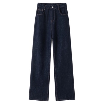 KZH真维斯丹宁蓝加绒牛仔裤女秋冬款宽松直筒裤高腰阔腿休闲长裤