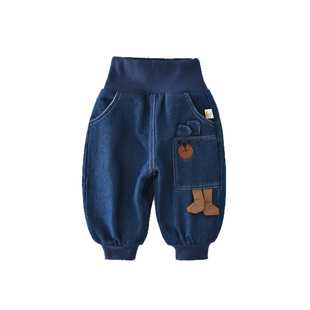 男童牛仔裤加绒加厚冬季新款时尚卡通公仔男宝宝大屁屁裤高腰护肚