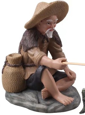 鱼缸陶瓷摆件六角亭渔翁竹子流水