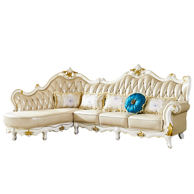 欧式实木雕花真皮沙发