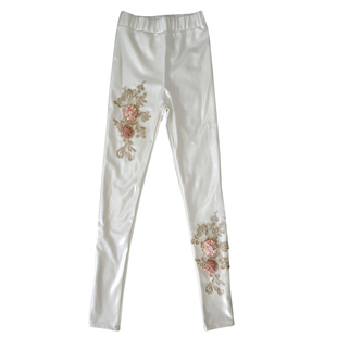 秋冬pu弹力打底裤个性花朵紧身铅笔裤显瘦高腰百搭白色加绒仿皮裤