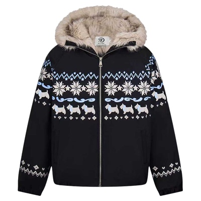 SREK费尔岛复古雪花座山雕毛领连帽棉服外套男女秋冬新款情侣棉衣