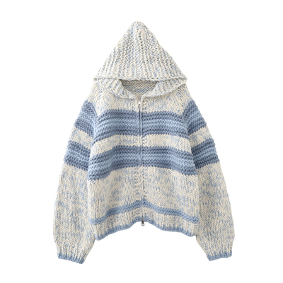 MMC宽松慵懒风条纹连帽粗针针织开衫毛衣外套上衣加厚手工编织女