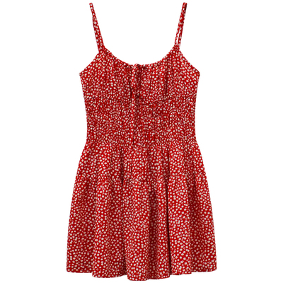 小个子红色碎花吊带连衣裙女夏季