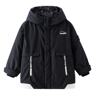 男童冬装潮酷假两件连帽冲锋衣羽绒服2025新款儿童男孩防寒厚外套