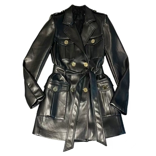 欧货超酷中长款金扣西装领皮衣外套女洋气收腰显瘦pu皮秋冬时尚款
