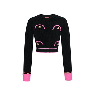 lefame拉飞姆撞色边珠绣毛织斜门襟开衫针织外套