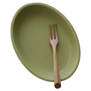 索厨中古风沙拉盘黄绿雾面釉椭圆意面盘好看家用中餐炒菜盘子