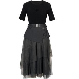 XG雪歌假两件设计短袖连衣裙2025春季新款深灰色圆领网纱中长裙女