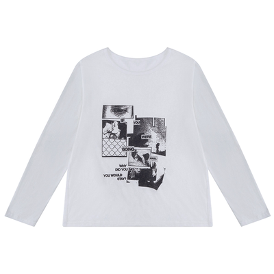 美式复古竹节棉长袖宽领印花T恤