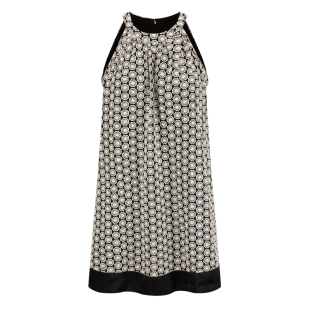 几何单元夏季法式重工小花波点刺绣挂脖显瘦无袖A字拼接连衣裙女