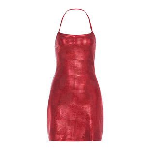 怪诞女孩 夜店风辣妹亮闪闪红色吊带连衣裙女 性感收腰修身包臀裙