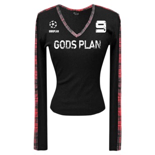 Gods plan*上帝计划原创格子拼接美式辣妹V领修身显瘦长袖女打底