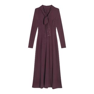 贰羊设计【蔷眠】复古优雅气质V领系带连衣裙女针织亲肤修身长裙