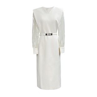 高端精致气质V领连衣裙秋冬高定拼接欧根纱正式场合显瘦中长裙