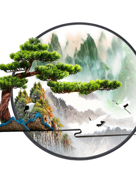 新中式山水圆形轻奢客厅玄关壁画