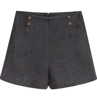 秋季外穿毛呢阔腿短裤女宫廷风纽扣高腰宽松显瘦A字呢子休闲裤潮