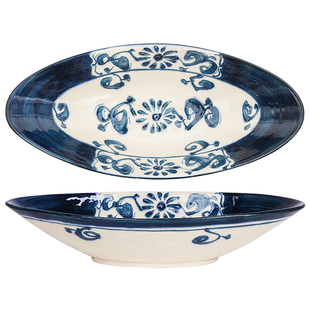 日本进口宗山窑陶瓷鱼盘釉下彩复古日式餐具大号椭圆沙拉水果盘子