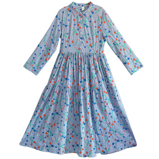 清【呢喃之声】简洁知性衬衫领连衣裙女2025夏季花卉刺绣复古薄裙