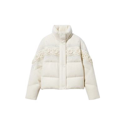 HiSaily商场同款轻奢重工刺绣短款羽绒服女白色立领保暖外套
