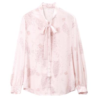 米皇春夏飘带真丝衬衫女时尚印花宽松吸汗透气桑蚕丝上衣