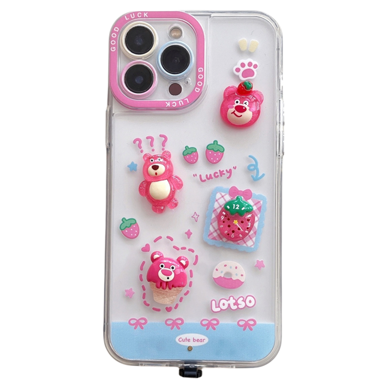 D新款创意来电闪立体贴草莓熊16pro苹果手机壳iphone16pro高级感发光iphone14plus手机壳透明17p