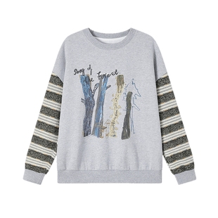 飞鸟和新酒拼接印花设计感灰色条纹卫衣女2025冬季新款宽松上衣