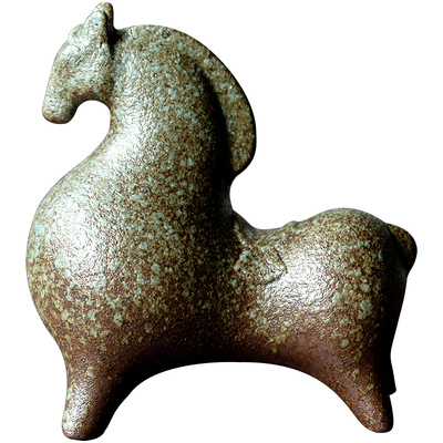 碌心 中式复古粗陶马到成功客厅摆件  桌面茶宠茶壶盖置搁置零配