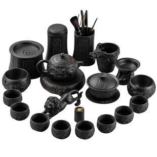 紫砂龙腾功夫茶具套装手工浮雕高档整套泡茶器黑陶复古喝茶礼盒装