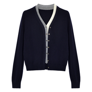 因由 百分百纯羊毛柔软叠穿假两件V领设计女秋冬时髦针织开衫上衣